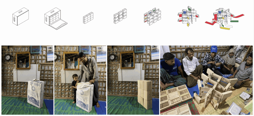 diagram of the artwork units that collapse into four suitcases